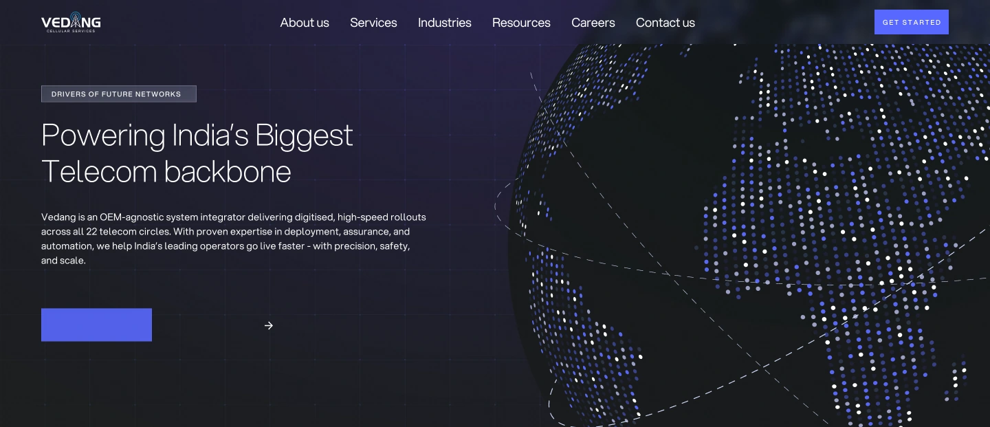 A network-led opening introduces the technical business before visitors reach its two service areas.