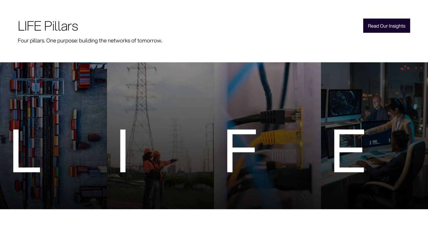 LIFE brings four service pillars together through large initials and photographic panels.