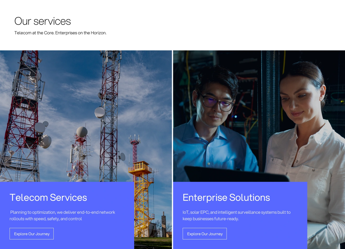 Telecom and Enterprise share a card format; violet panels keep the labels and actions distinct from the photography.