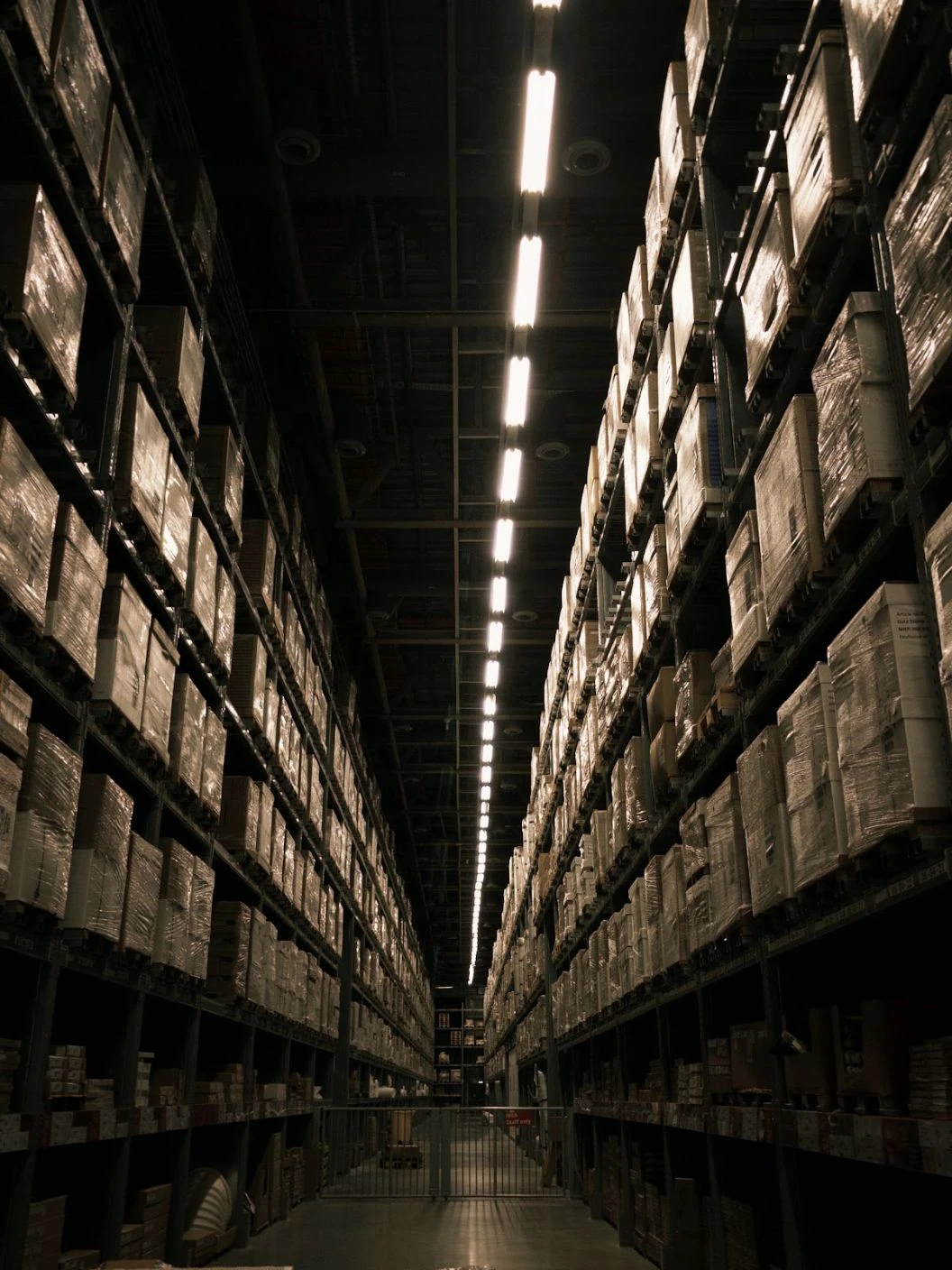 A long aisle of shelves beneath overhead lights.